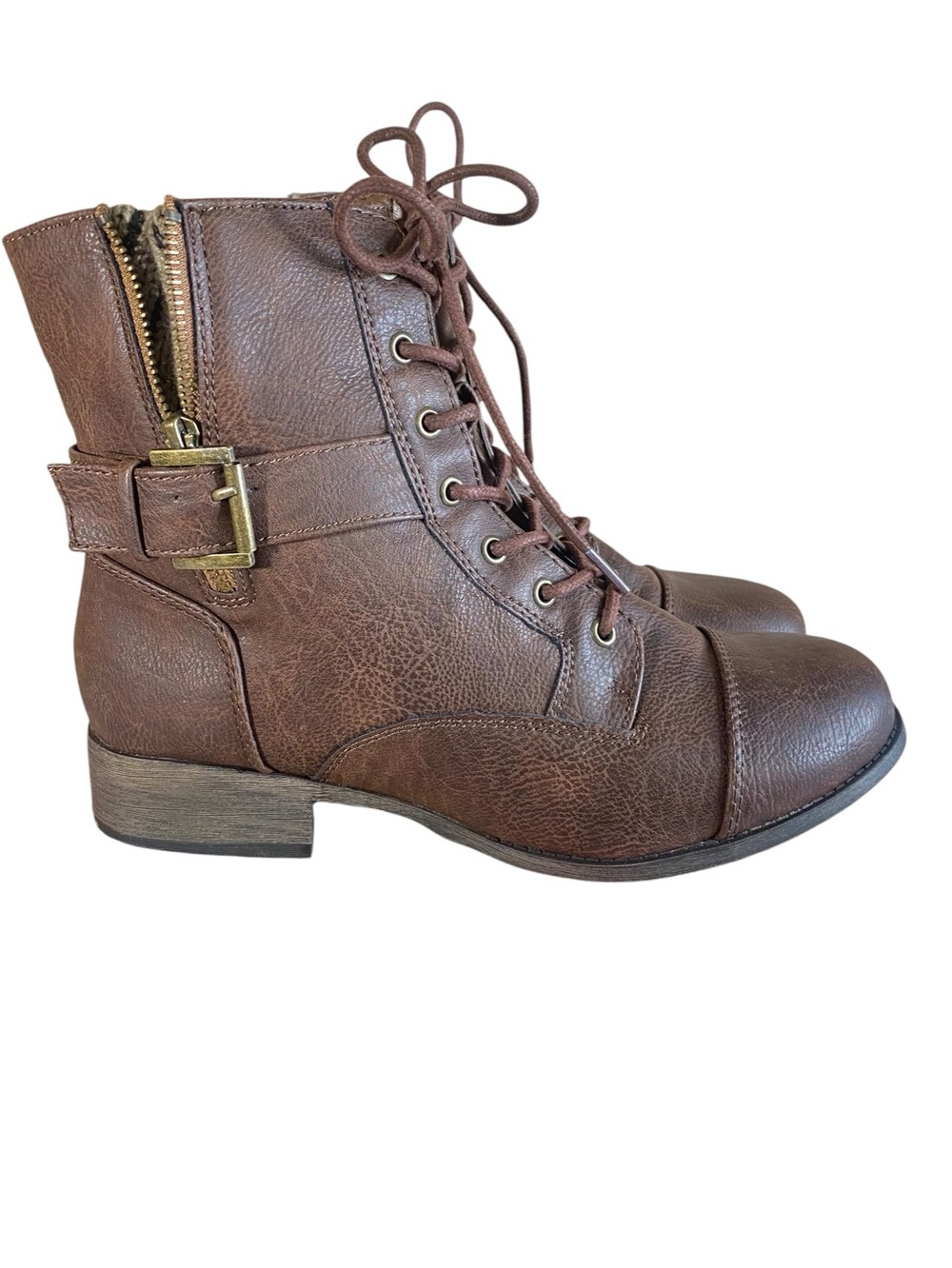 Jelly Pop Brown Lace-Up Ankle Boots Side Zip Faux Leather Chunky Heel SZ 9.5